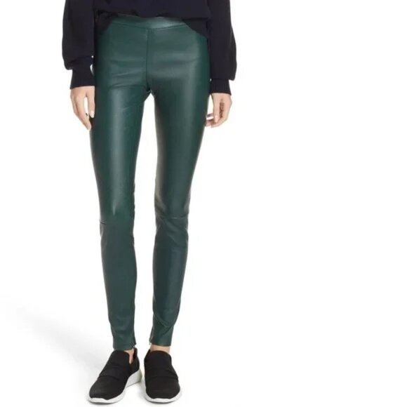 NWT Vince Ankle Zip Leather Leggings In Dark Palm Size S